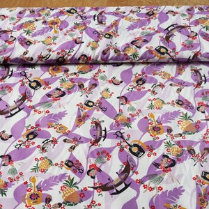 May include: Purple and white fabric with a repeating pattern of pineapples, flowers, and women wearing leis and holding ukuleles.