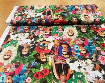 May include: A colorful fabric with a repeating pattern of Frida Kahlo's portrait, flowers, and birds. The fabric is green, red, white, and blue.