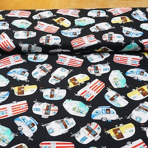 May include: Black fabric with a repeating pattern of colorful vintage camper vans. The campers are in various colors and designs, including red, white, blue, yellow, and green.
