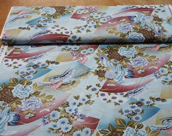 Trendtex Cranes and Chrysanthemums in Blue 100% woven cotton