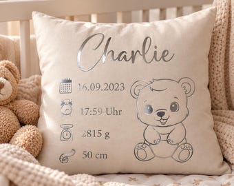 Almohada personalizada para bebé con nombre y datos de nacimiento | Regalo para nacimiento y bautizo | Funda de almohada con elefante, osito de peluche o tren