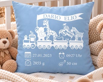 May include: A light blue square throw pillow featuring a white graphic of a train carrying an elephant, giraffe, and zebra. A banner above reads DARIO ELIO. Below are icons for a calendar date 27.01.2023, time 09:27, weight 2855 g, and length 50 cm.