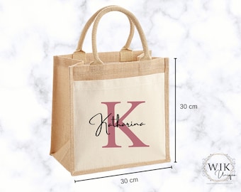Personalized Midi Jute Bag with Large Initial & Name, Jute Bag / Jute Shopper / Shopper / Shopping Bag Bag