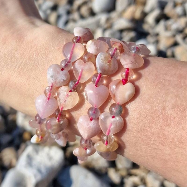 Flower agate Cherry blossom, Heart Crystal healing Bracelet, Heart sakura agate grounding bracelet