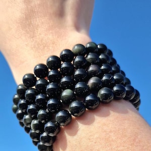 Silber Schimmer Obsidian Armband, Obsidian Heilstein Schmuck, Silber Schimmer Obsidian Reinigung, Schutz Kristall Armband, Feng Shui Kristall