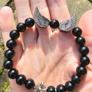 Silber Glanz Obsidian Armband, Obsidian Heilung Schmuck, Silber Glanz Engel Flügel, Schutz Kristall Armband, Feng Shui Kristall