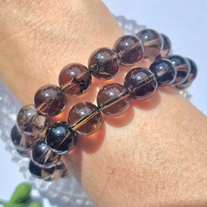 Pulsera de cristal, pulsera de cuarzo ahumado, pulsera de curación de cristal, joyería de cuarzo ahumado, pulsera de curación y claridad, cuentas grandes de 11,9 mm