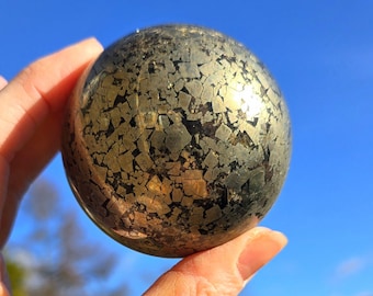 550g Pyrite Sphere Crystal, Gold Pyrite Carving Decor, Polished Pyrite Crystal Ball, Good Luck, Wealth and Abundance