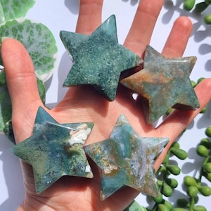 Moss Agate crystal Star carving, Star palm stone, crystal healing stone, Moss Agate Druzy altar stone