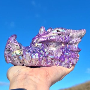 Dragon Head Crystal,  Purple Aura Druzy Agate Dragon Skull – Metaphysical Crystal Carving – Peace Intuition Decor – Unique Spiritual Gift
