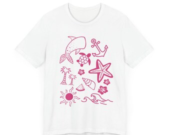 Pink Beachy Summer Seashell Collage Womens Cute Vacation Shirt Graphic Tee T-shirt