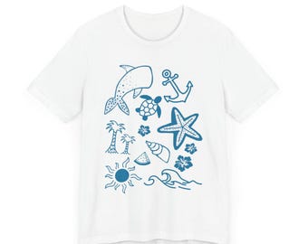Teal Beachy Summer Seashell Collage Womens Cute Vacation Shirt Graphic Tee T-shirt