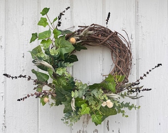 Natural Dried Flower Wreath, Year Round Wreath, Fragrant Wreath, Basil, Sage and Eucalyptus Wreath, Farmhouse Home Decor