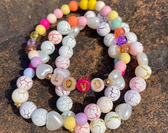 Handmade Pearl Heart Pastel Bead Stackable Bracelet Trio – Customizable Name Jewelry