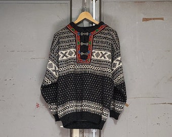 Pull vintage scandinave traditionnel Norwool taille M/L - Pull détaillé en pure laine fabriqué en Norvège