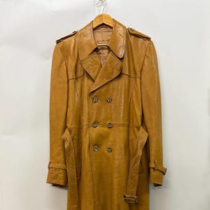 Vintage Original burned orange leather trenchcoat Large, 80s custom made burned orange leather coat man double-breasted L unique asap rocky