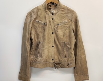 Gipsy Vintage Beige Leather Jacket, Biker Leather Jacket