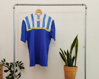 Le coq Sportif  vintage footbal 70s T-shirt/ vintage football jersey Size M- L/ Minimalist 70s tee/ blue with stripes distressed tee t-shirt