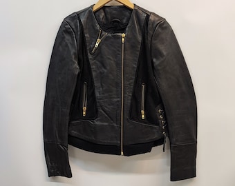 Vintage Maje schwarze Lederjacke, Biker Lederjacke mit goldenen