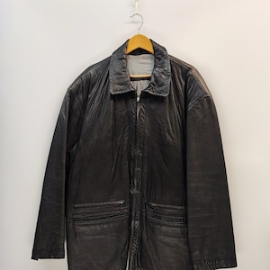 Vintage  Black Leather Coat minimal zipper closure 90s XXL, big size black leather coat, oversized black leather coat zipper closure