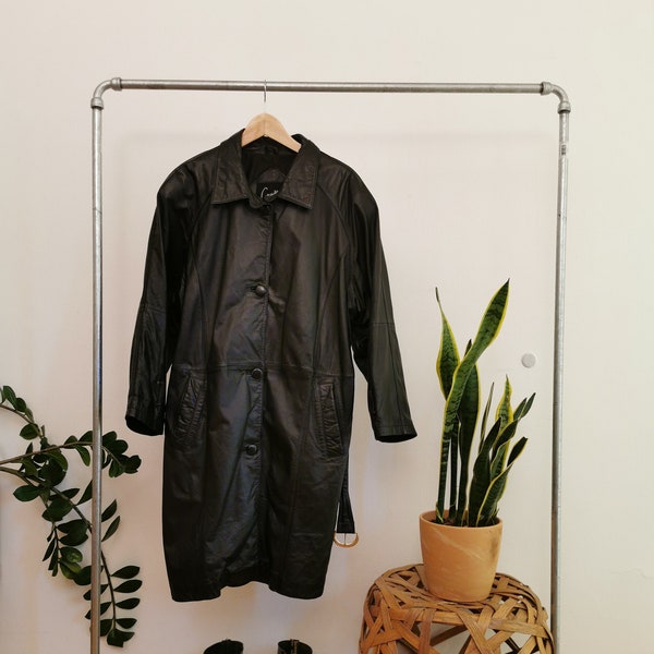 CRUSE Real leather coat, woman Black long trench coat, padded shoulder oversized leather, vintage leather trench coat, Large lather coat