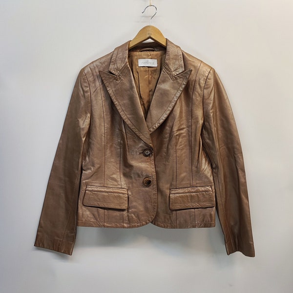 Prestige Vintage Leather Blazer, shiny camel vintage jacket, Elegant 80s Leather Blazer, light leather woman jacket size L