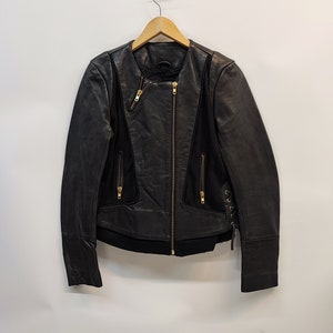 veste en cuir noir Maje vintage, veste en cuir biker avec fermetures éclair dorées taille M, veste en cuir noir petite taille