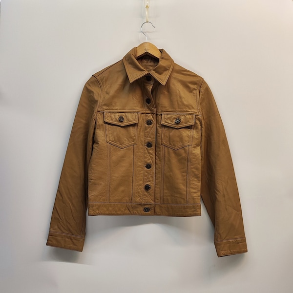Hennes Vintage Leather Jacket, 90s camel leather jacket button closure and pockets, Elegant 80s Leather Blazer coat Size M