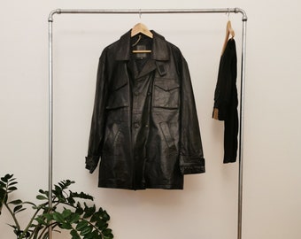 180 degrees offset coat, Black shiny leather parka, big square pockets technical/ utility/ outfit double-breasted leather coat, vintage coat