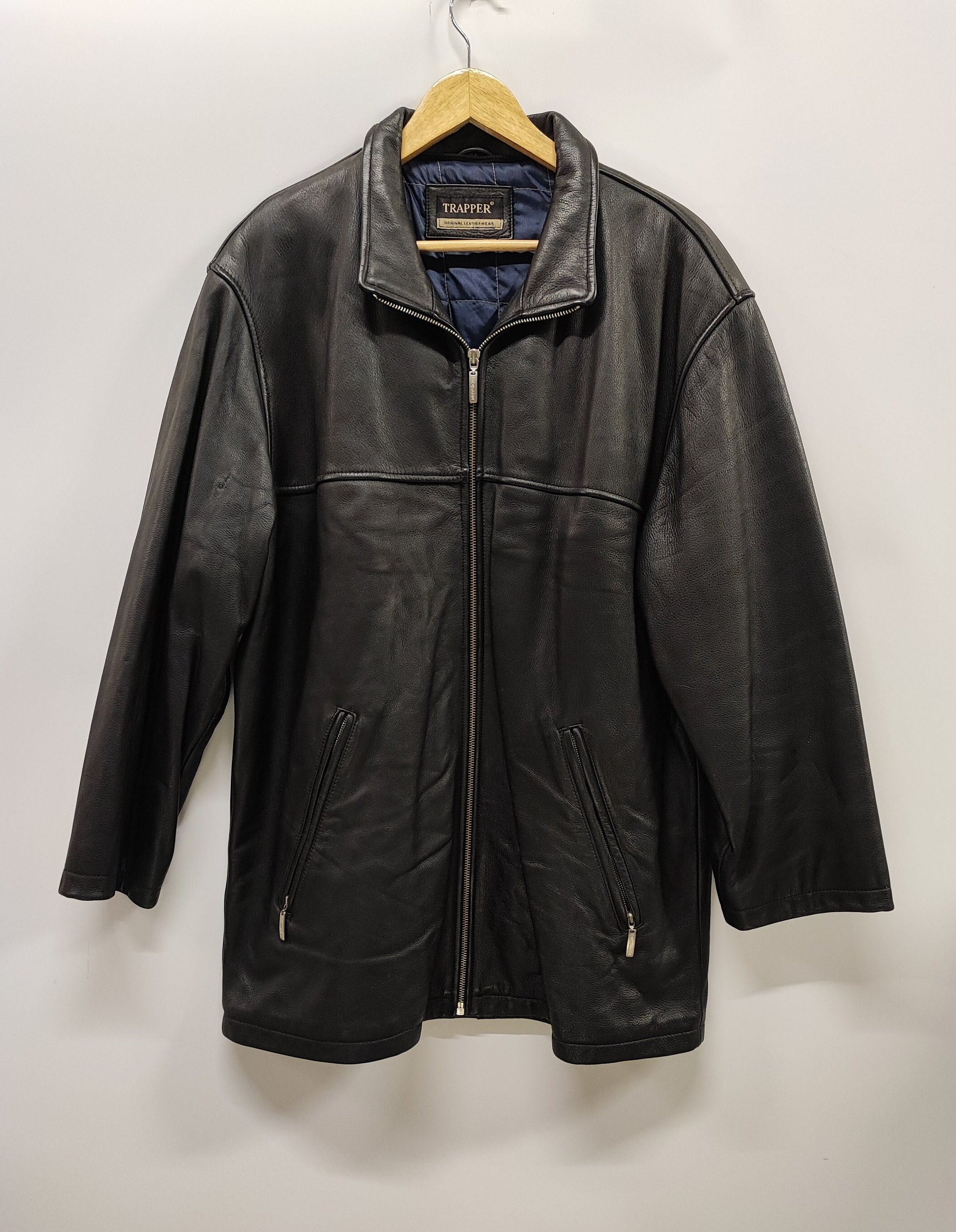 TRAPPERヴィンテージレザージャケット Trapper Black Leather Jacket Size L - Trapper Original Leather