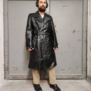 Military black leather trench coat, black leather trench coat,black leather coat with belt Large