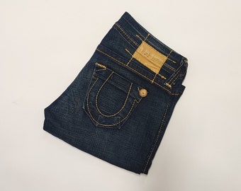 Pantalones cortos de mezclilla Vintage True Religion talla 28, hechos en EE. UU. - Jeans de cintura baja de marca, bragueta de botones, 4 bolsillos y detalles de costuras