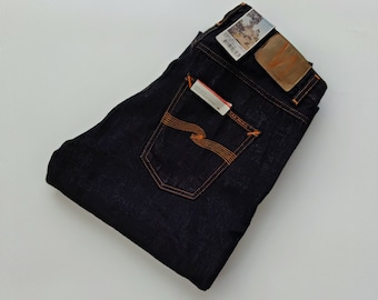 Nieuwe Nudie jeans uit de jaren 2000 - Donker indigo met oranje stiksels Nudie mom jeans, 5 zakken en ritssluiting - Nudie nieuwe donkere jeans maat 30