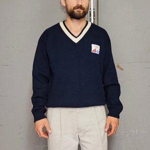 Vintage 80s Olympia Toppen vintage sweater, V-neck dark blue pullover, 100% wool knitwear v neck retro