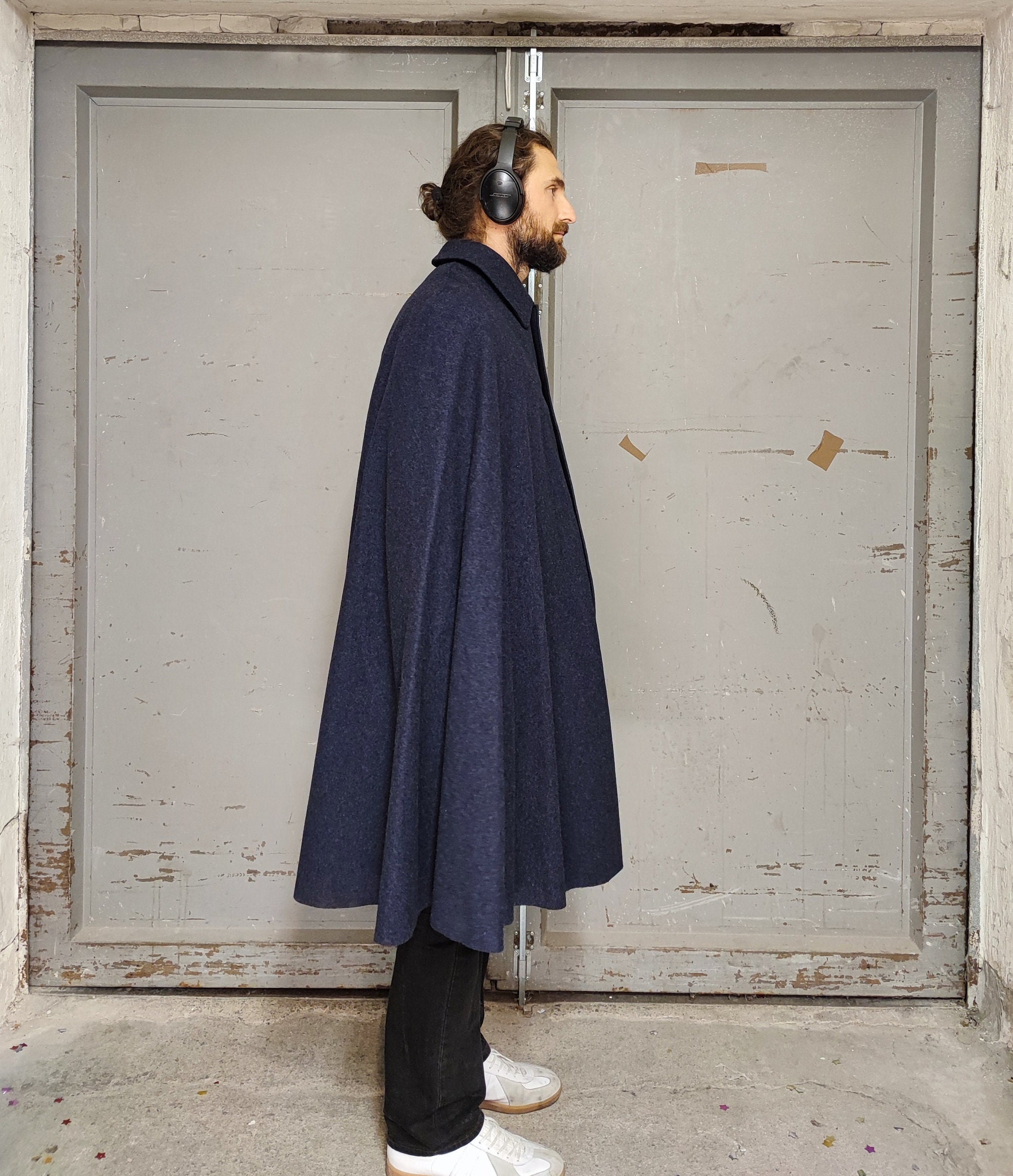 Vintage Poncho Coat - High Quality Dark Blue Wool Long