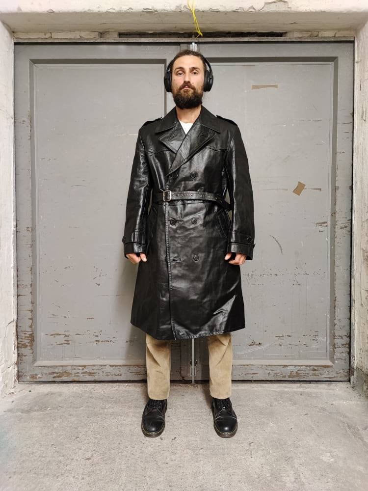 Military Black Leather Trench Coat, Black Leather Trench