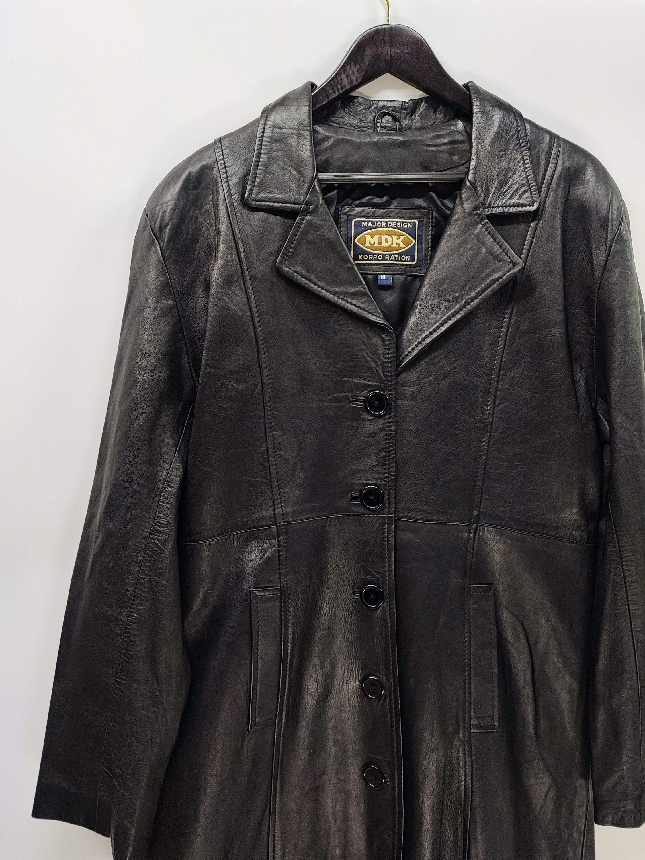 Vintage MDK Leather Trench Coat, Black Long Single Breasted Vintage MDK Leather Trench Coat, Black Long Single Breasted