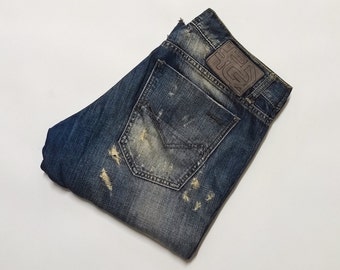 Energie 'Sean' zerrissene Jeans in Regular Fit - 90er Jahre Low Rise Stretch Leg Jeans mit Reißverschluss-Hosenschlitz & Gesäßtasche - Energie Blue Jeans Größe 33x34