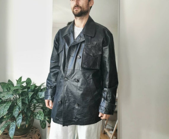 180 degrees offset coat, Black shiny leather parka, b… - Gem