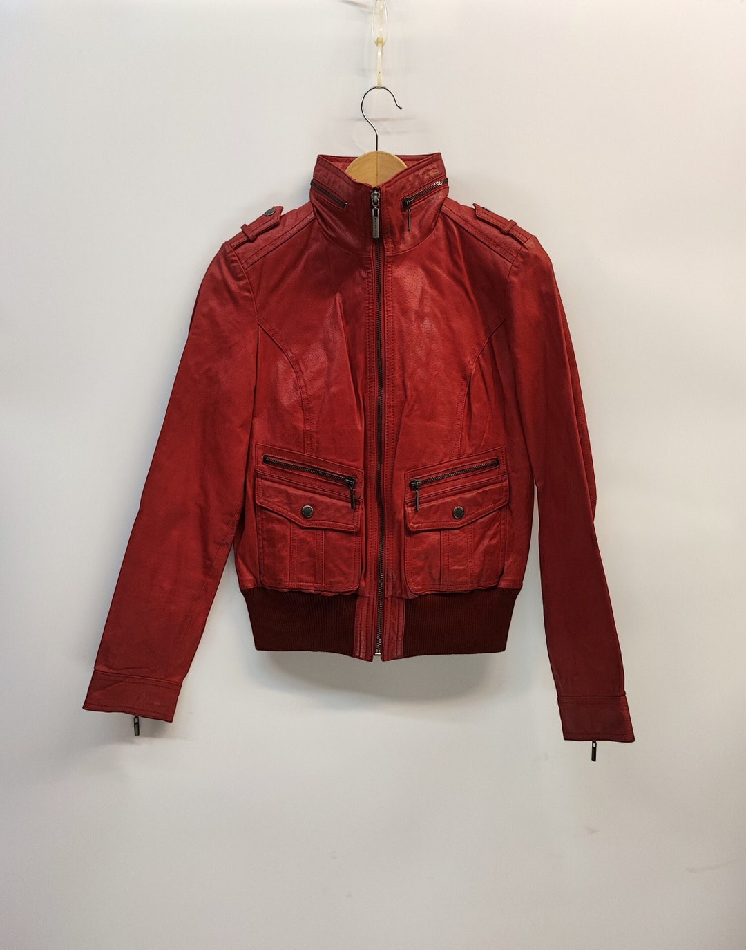 Tom Tailor Vintage Racer Leather Jacket 90s Vibrant Red Etsy