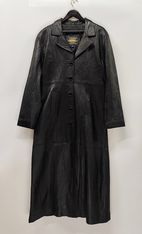Vintage MDK Leather Trench Coat, Black Long Single Breasted