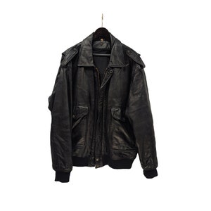 veste en cuir lourd noir vintage fermeture à glissière avec col, veste en cuir pilote classique des années 90 taille XL, veste en cuir lourde noire