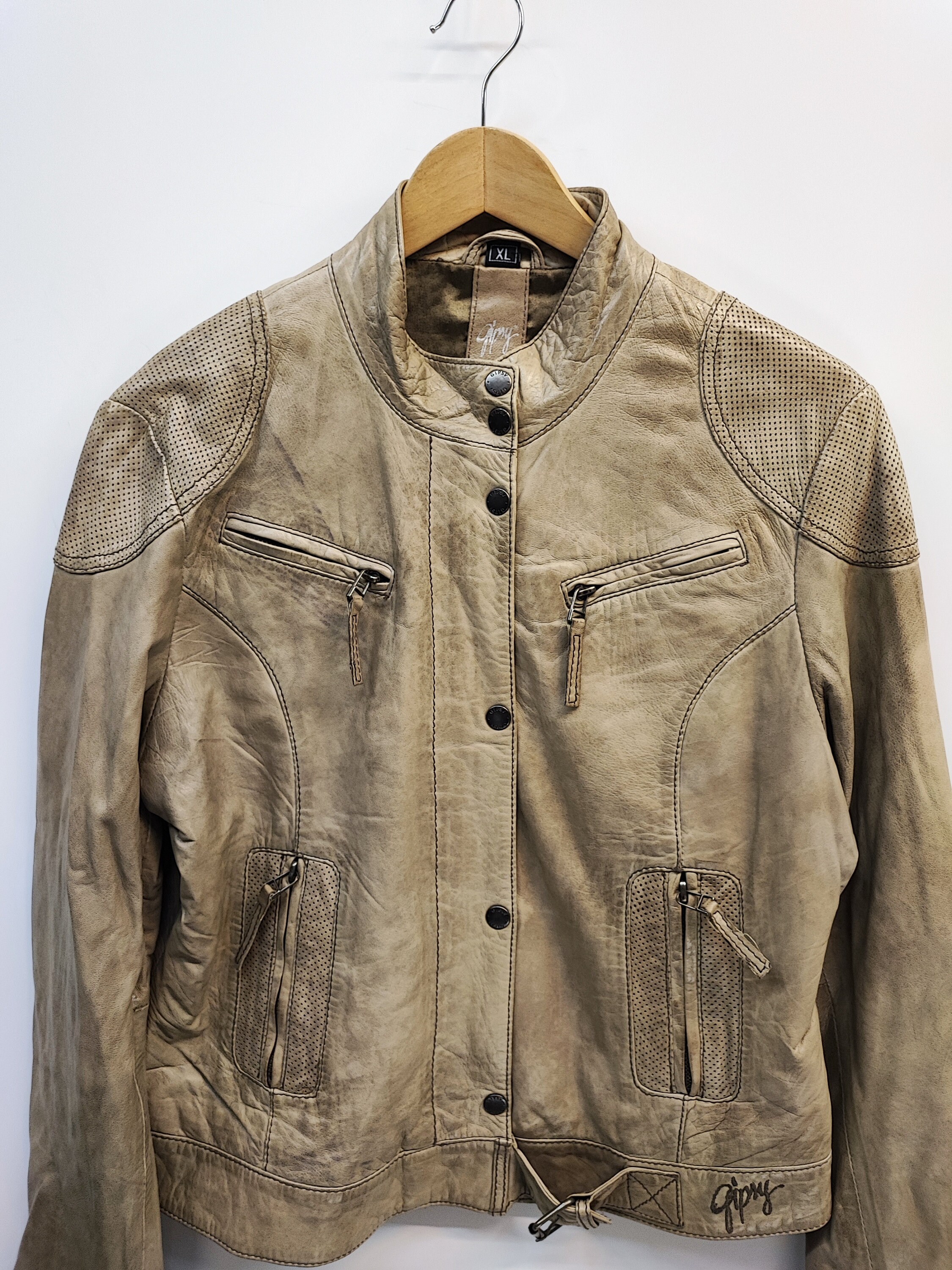 Gipsy Vintage Beige Leather Jacket, Biker Leather Jacket