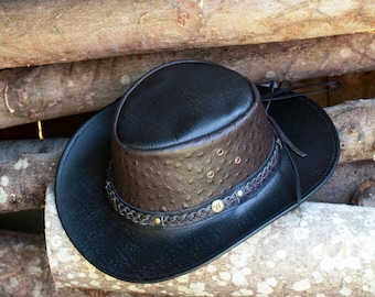 Luxury Black Leather Cowboy Hat – Ostrich Print, Wide Brim Western
