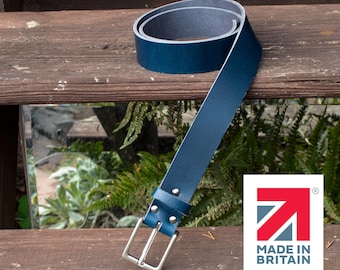 Handmade Men’s Leather Belt Blue 35mm Wide –  English Hide, Rugged, Made in Britain