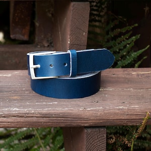 Handmade Men’s Leather Belt Blue – English Hide, Rugged, Made in Britain Width 40mm image 2