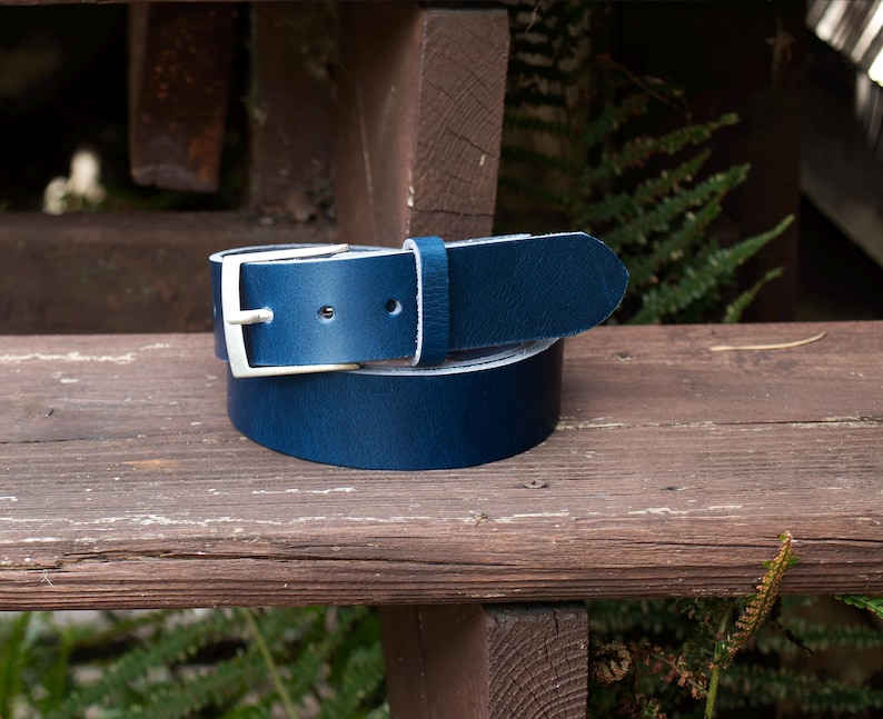 Handmade Men’s Leather Belt Blue – English Hide, Rugged, Made in Britain Width 40mm image 2