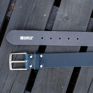 Handmade Men’s Leather Belt Blue – English Hide, Rugged, Made in Britain Width 40mm image 3