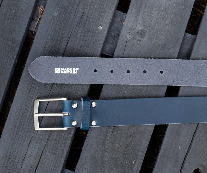 Handmade Men’s Leather Belt Blue – English Hide, Rugged, Made in Britain Width 40mm image 3