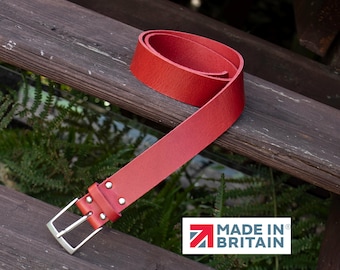 Handmade Mens Red Leather Belt – Genuine English Hide Belts, UK Made, Width 40mm